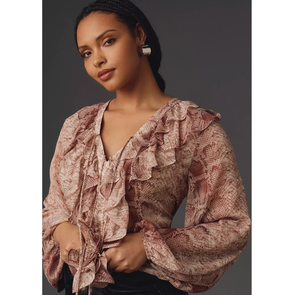 Anthropologie Snakeskin Ruffle V-Neck Blouse Brown Tan Animal Print Women Small